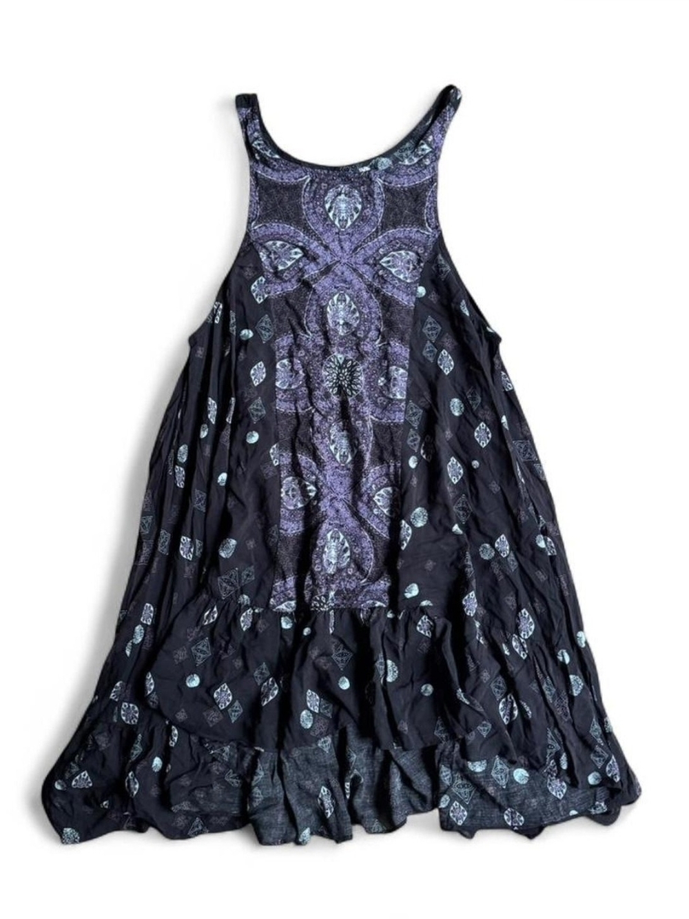 Free People Black Mini Dress with Purple & Light Blue Print